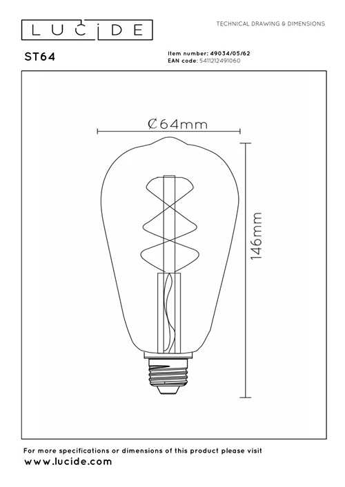 Lucide ST64 - Lámpara de filamento - Ø 6,4 cm - LED Regul. - E27 - 1x4,9W 2200K - Ámbar - técnico